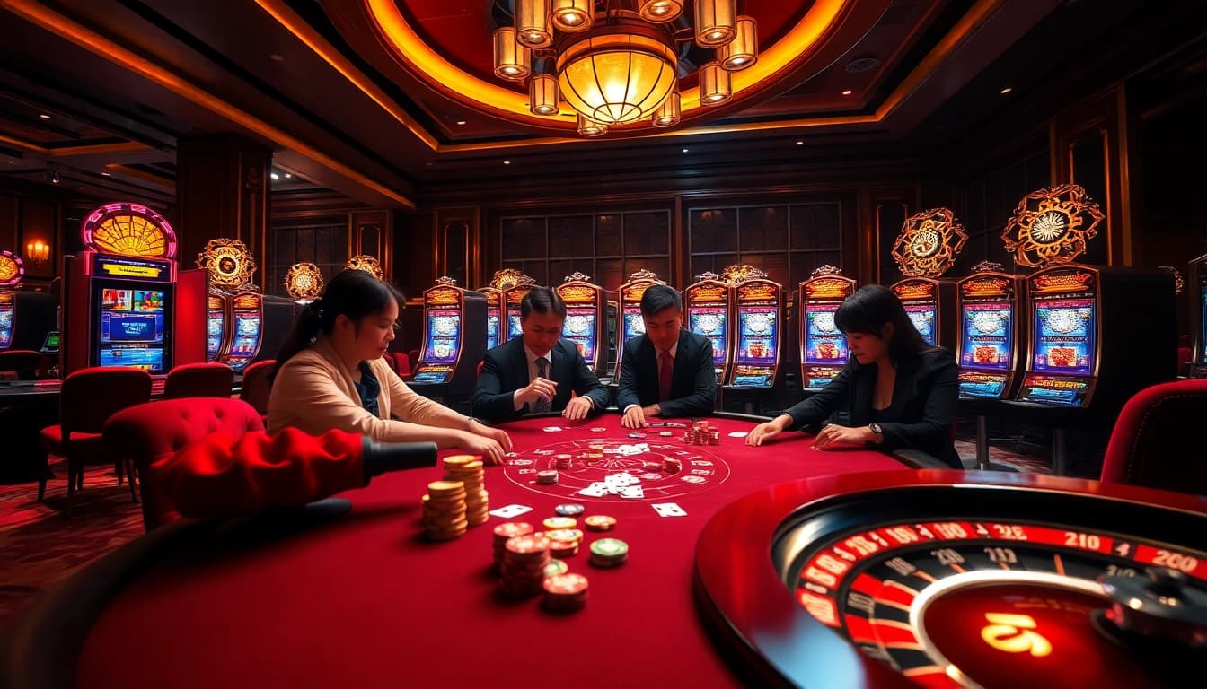 Players enjoying a thrilling poker game at the nhà cái 88i casino, surrounded by vibrant slot machines.
