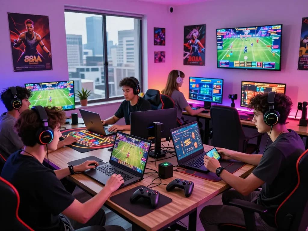 Engaging scene of players using 88aa Trang chủ for online gaming, highlighting a vibrant home office with gaming activities and technology.