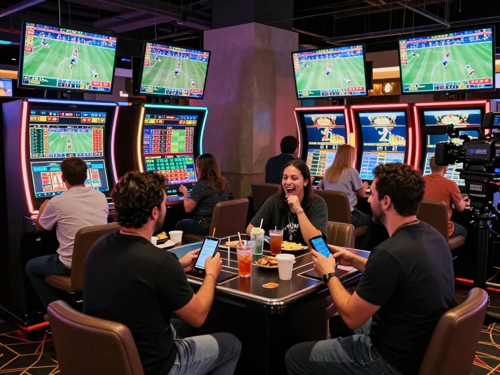 Patrons engaging in live sports betting at a casino, surrounded by excitement and dynamic tg88 action.
