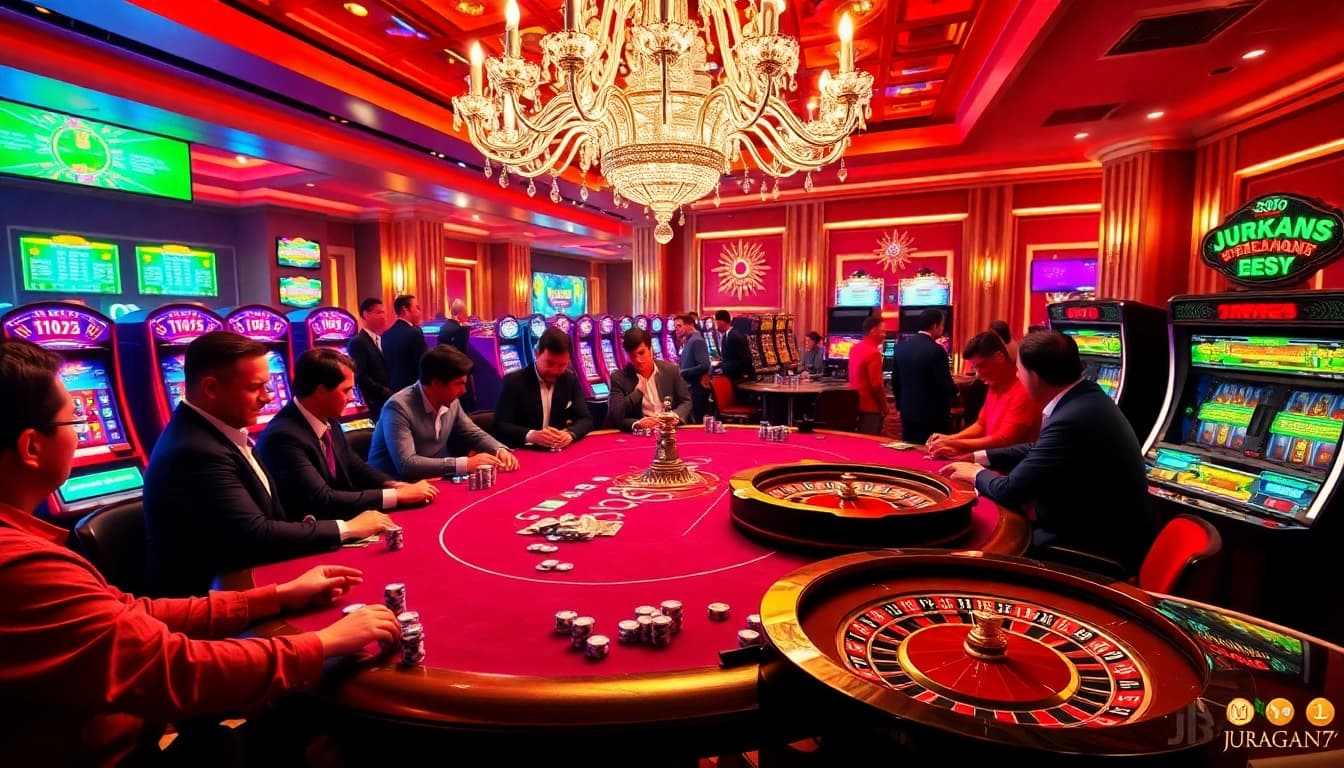 Engaged players at juragan77 enjoy high-stakes poker amid a vibrant casino atmosphere.