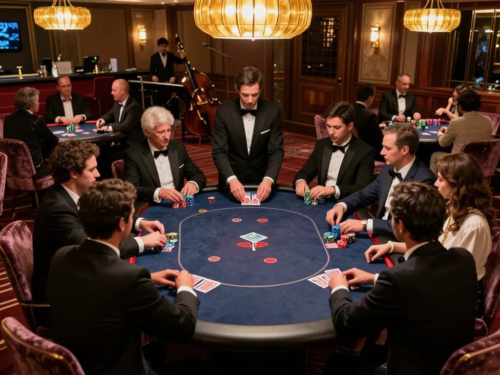 kp88 VIP poker players examining their hands at a luxurious casino table