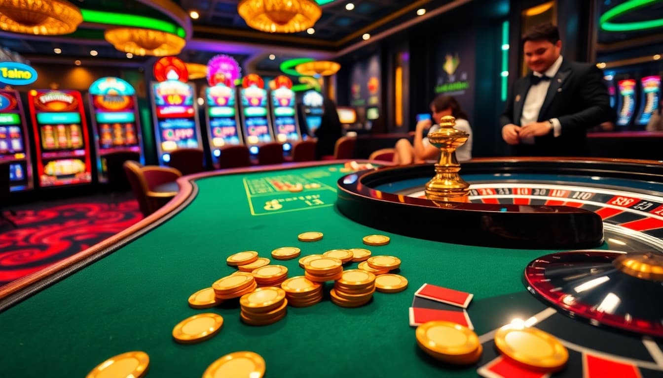 Engaging gaming scene at nhà cái s8 with players at a casino table full of poker chips and roulette wheels.
