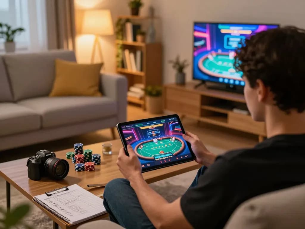 Engaging in exciting online gaming at 789 CLUB while utilizing a tablet for poker strategy in a cozy living room.