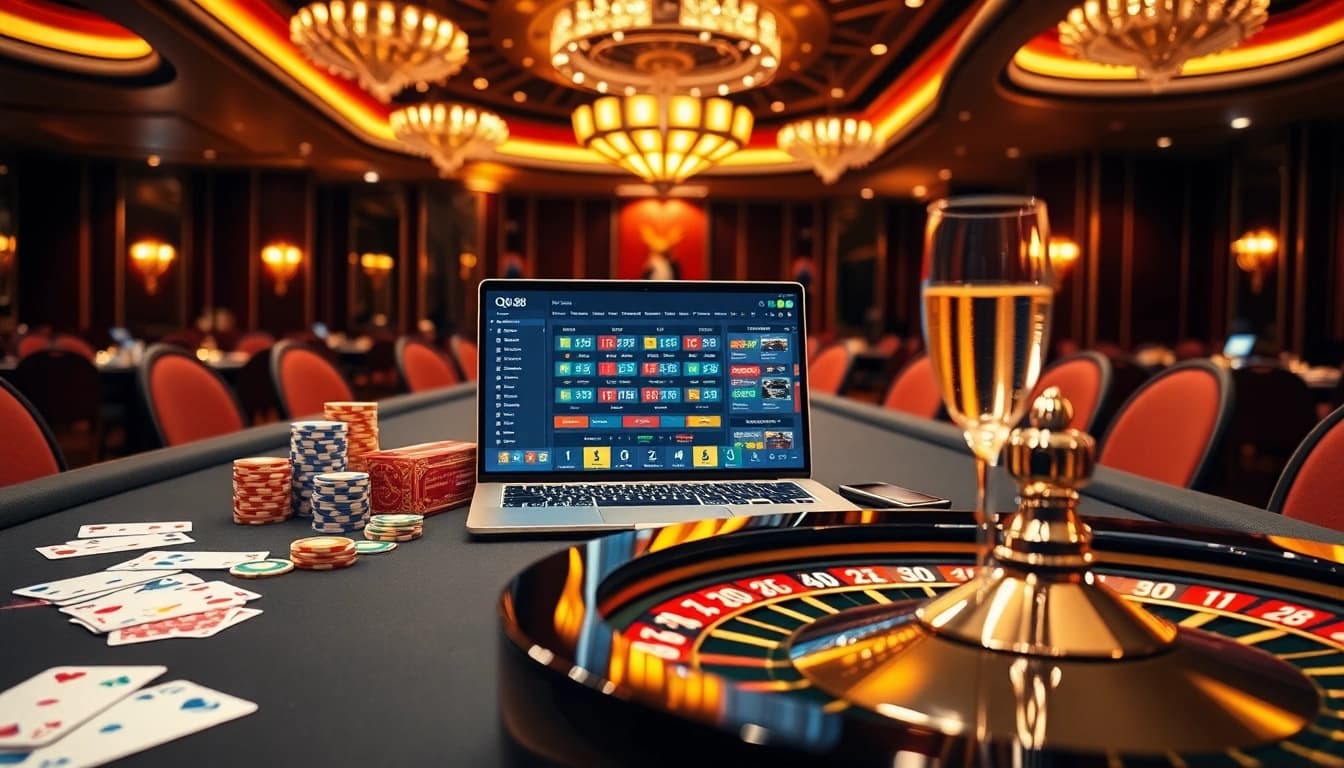 Enthusiastic players enjoying exciting games at QH88 Casino with vibrant chips and interactive interfaces.