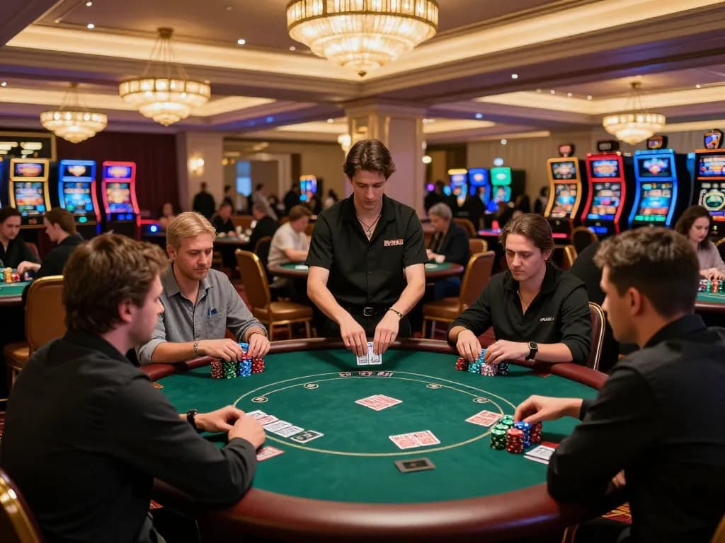 hitclub players intensely strategizing in a high-stakes poker tournament at an upscale casino.