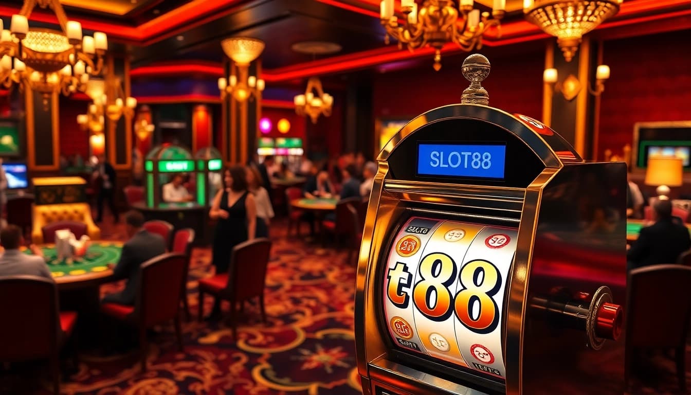 Engaging players around a vibrant slot88 machine in a luxurious casino setting.