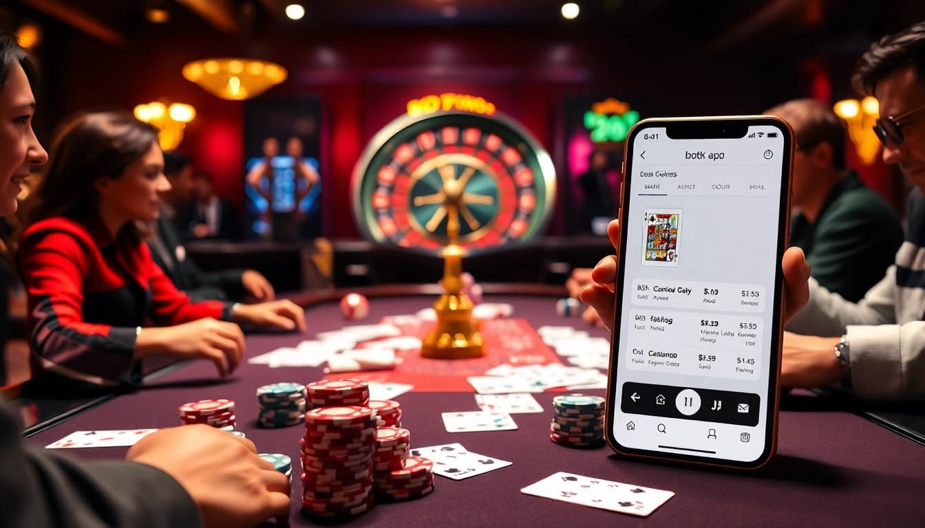 Engage in thrilling gaming with the bdtk1 app at a luxurious poker table surrounded by vibrant casino elements.