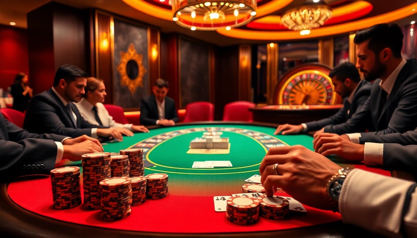 Players engaging in intense poker at LUCK8 casino with vibrant lighting and luxury feel.