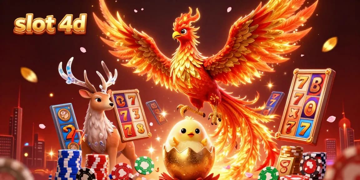 Rasakan aksi slot 4D yang mendebarkan dengan pemandangan cerah menampilkan phoenix megah dan elemen permainan yang dinamis.