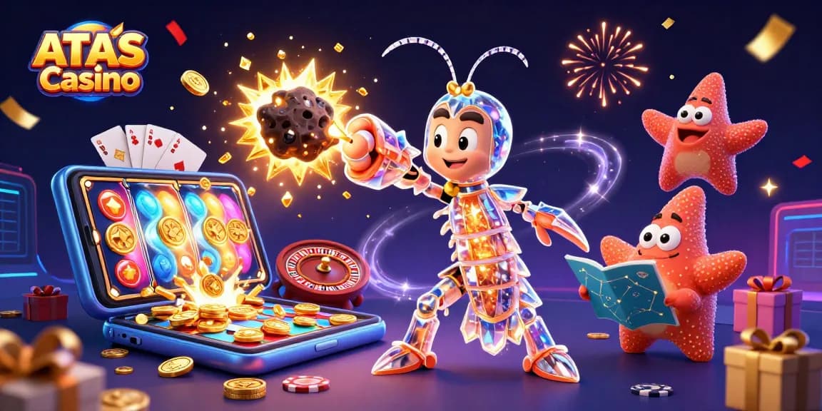 Experience excitement at ATAS Casino with a dynamic 3D scene featuring winning elements and vibrant characters.
