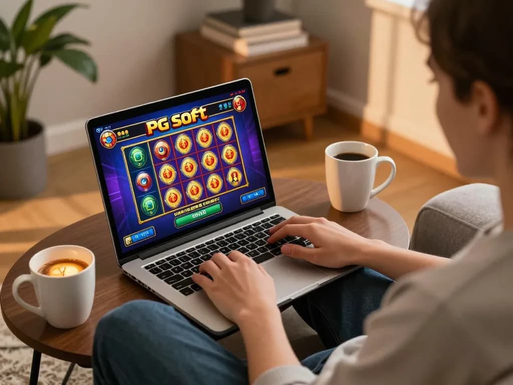 Pemain terlibat menjelajahi slot demo PG Soft yang menarik di laptop dalam suasana rumah yang nyaman