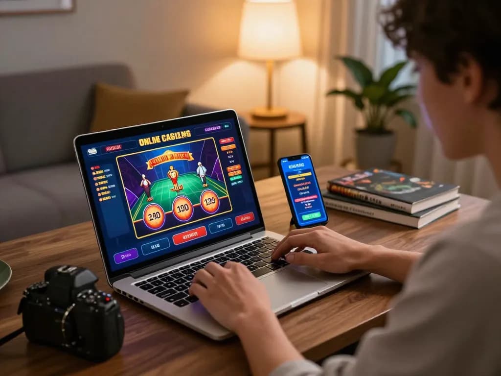 Player enjoying online gaming with link server thailand bonus 100 di depan on laptop and smartphone in cozy setting.