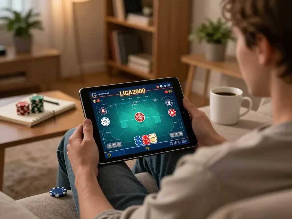 LIGA2000 poker game played on a tablet in a cozy home setting with chips and strategy notes.