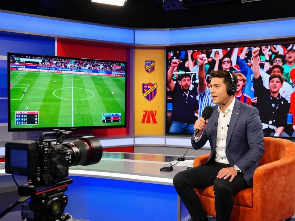 Live sports commentary scene for trực tiếp socolive featuring an energetic host and vibrant studio.