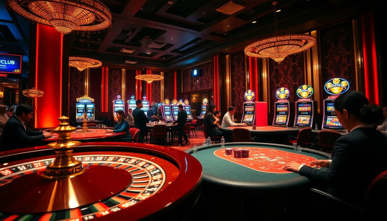 Experience the excitement at Cổng game HITCLUB with poker chips and slot machines in a vibrant casino setting.