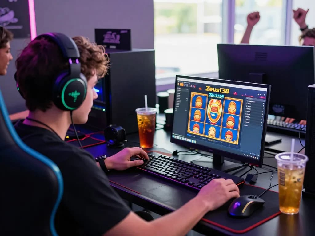 Player enjoying Zeus138 online slots with vibrant gaming setup and accessories.