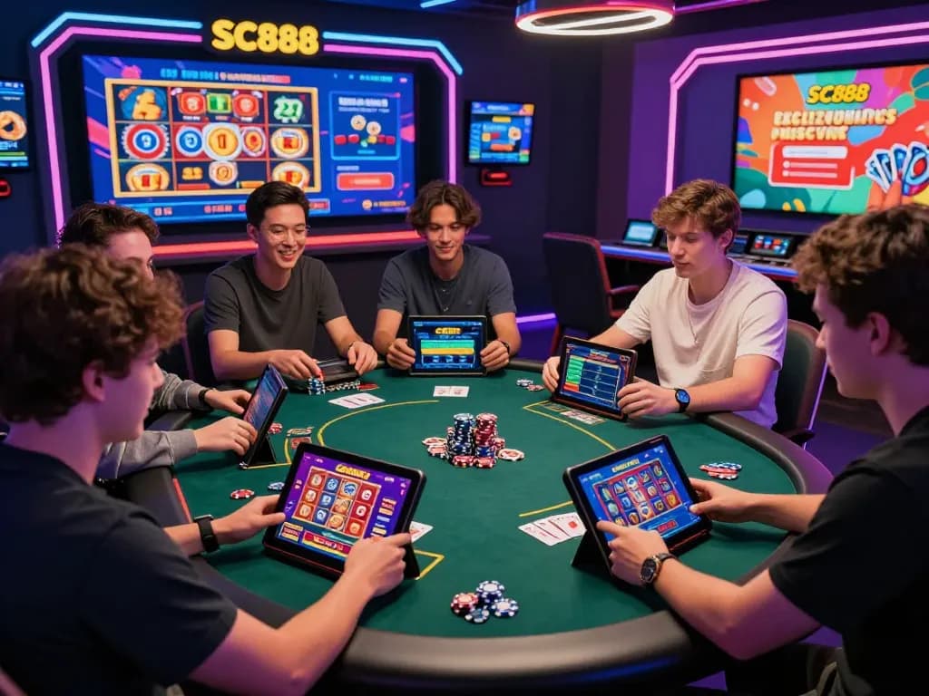 Enthusiastic players engaging with SC888's vibrant online gaming interface, showcasing excitement and community.