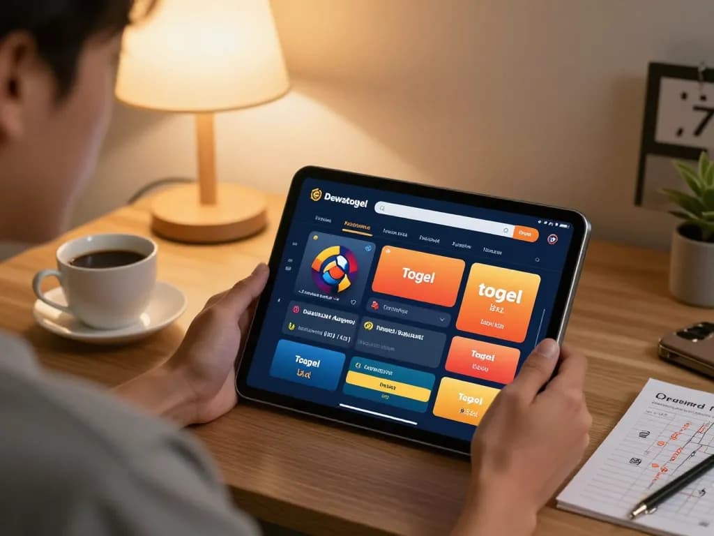 Dewatogel Link Alternatif Login Terbaru showcased in a cozy home gaming setup, displaying Togel betting interface.