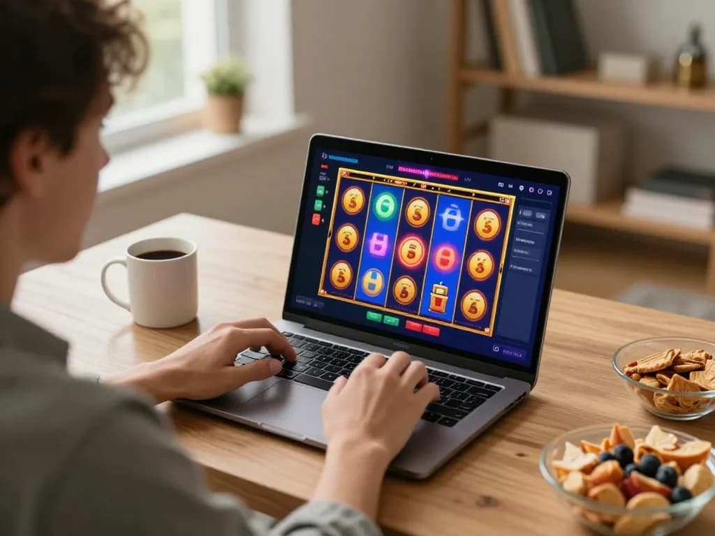 Enjoying online slots gameplay at https://5g28.com/ in a cozy home setting with snacks and laptop
