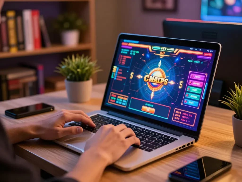 Engage in thrilling gameplay at Gsc108 Daftar online casino setup featuring a laptop with vibrant gaming graphics.