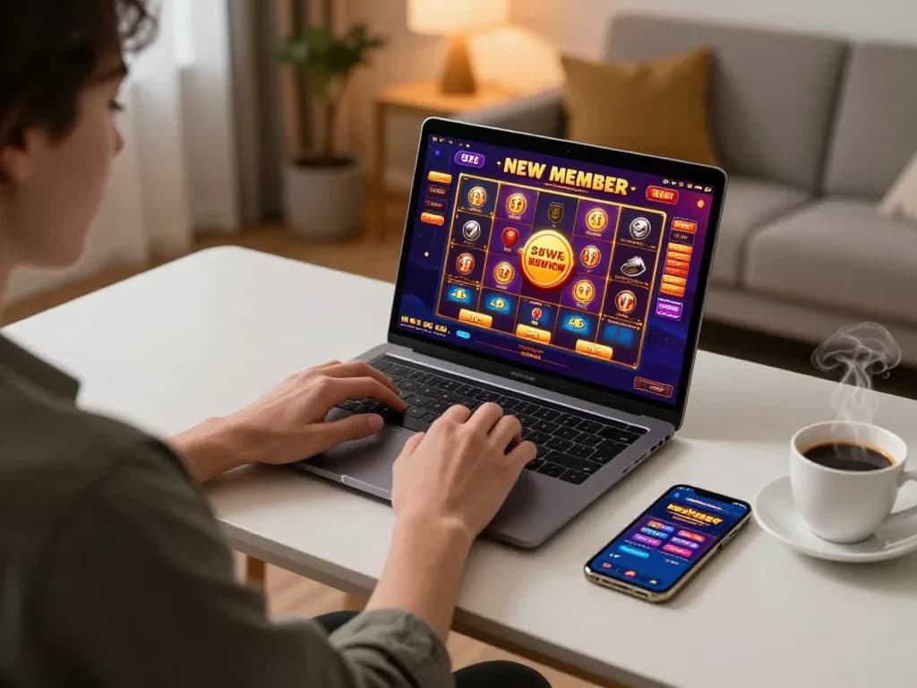 Engaging scene showcasing online casino gaming with a bonus new member offer displayed on screen, creating an inviting atmosphere.