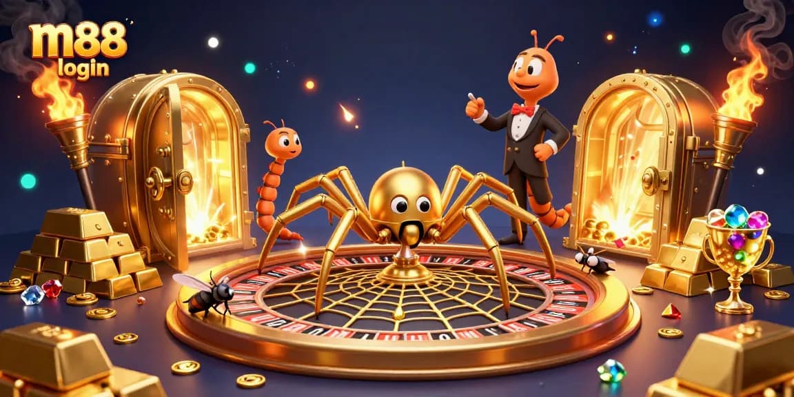 Engage with m88 login and place bets in a vibrant 3D casino scene with gold treasures.