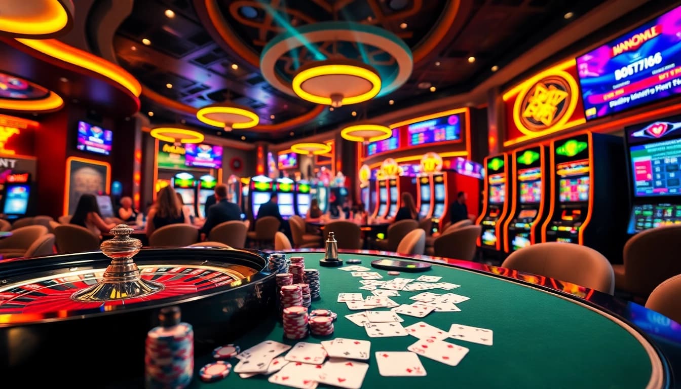 Experience the thrill of HB88 with players enjoying slot machines and roulette in a luxurious casino.