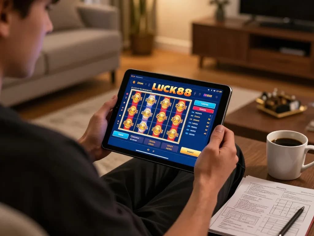 Engaged player exploring luck88 games on tablet in cozy living room setting