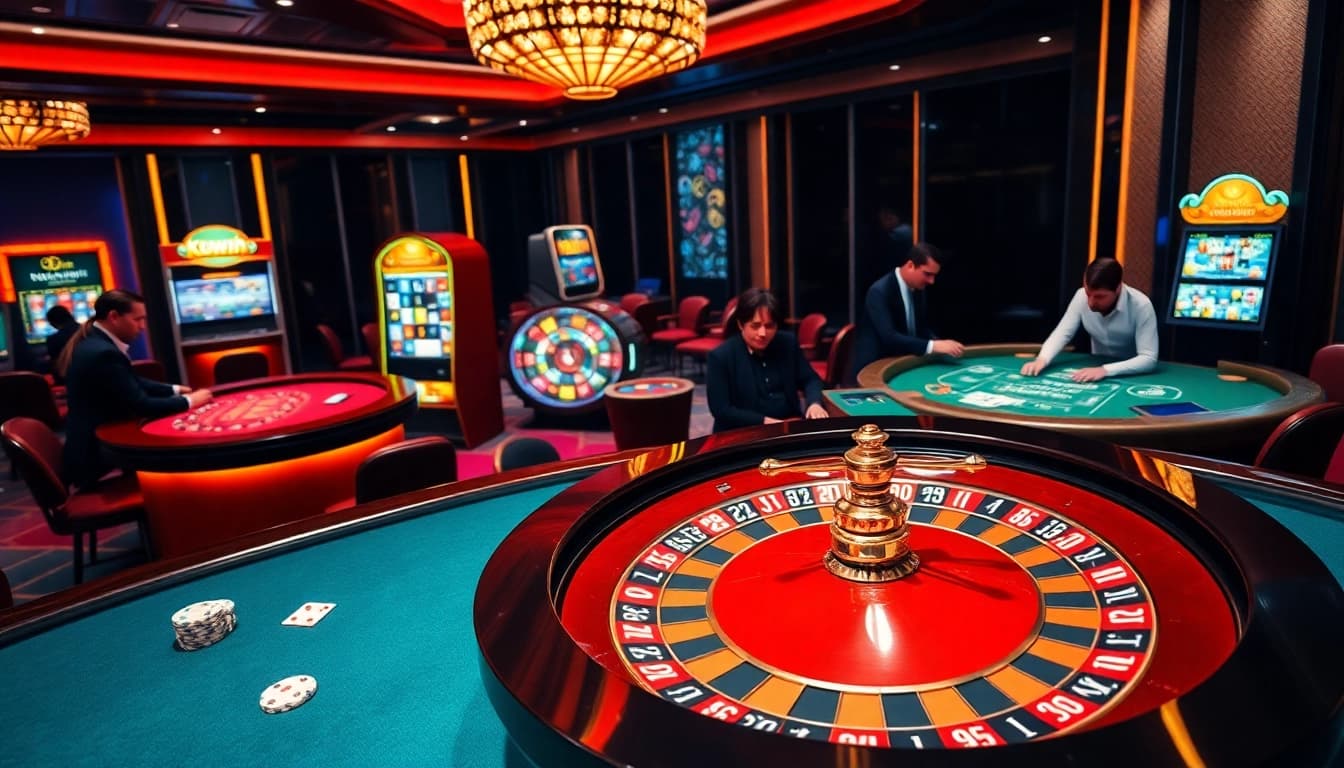 Kuwin online casino scene capturing vibrant roulette wheel and professional gamblers engaged in thrilling games.