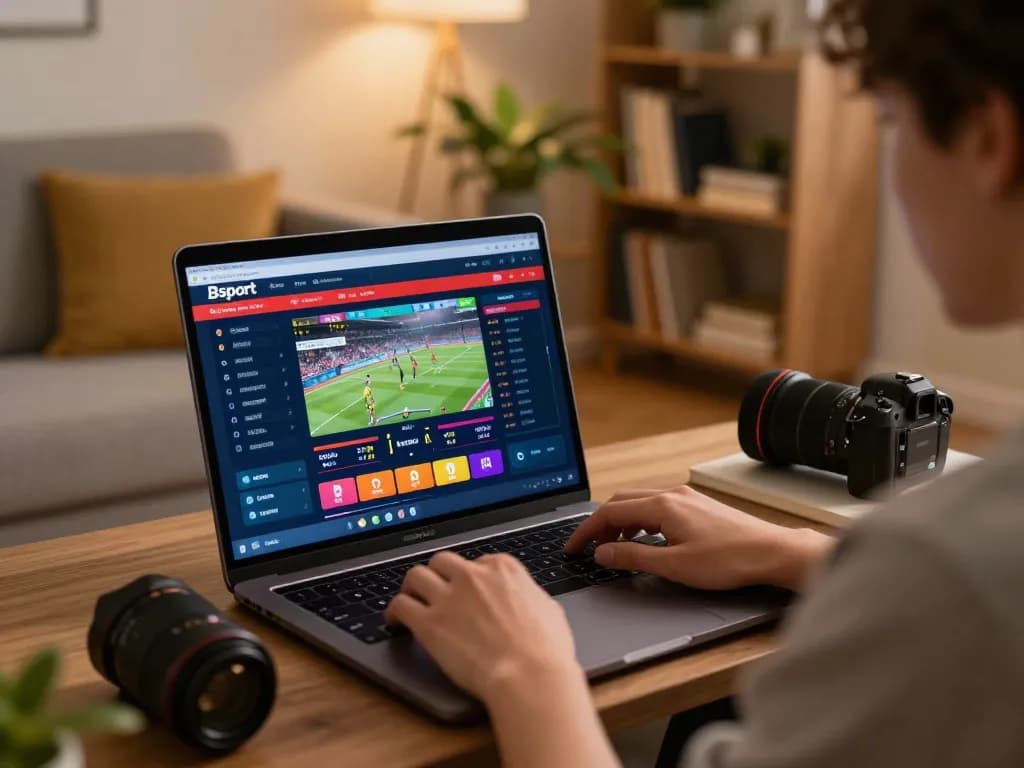 Bsport user engaging in sports betting on a laptop with vibrant odds and statistics.