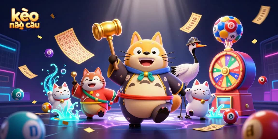 Experience excitement with kèo nhà cái showcasing playful luck in a vibrant 3D digital scene.