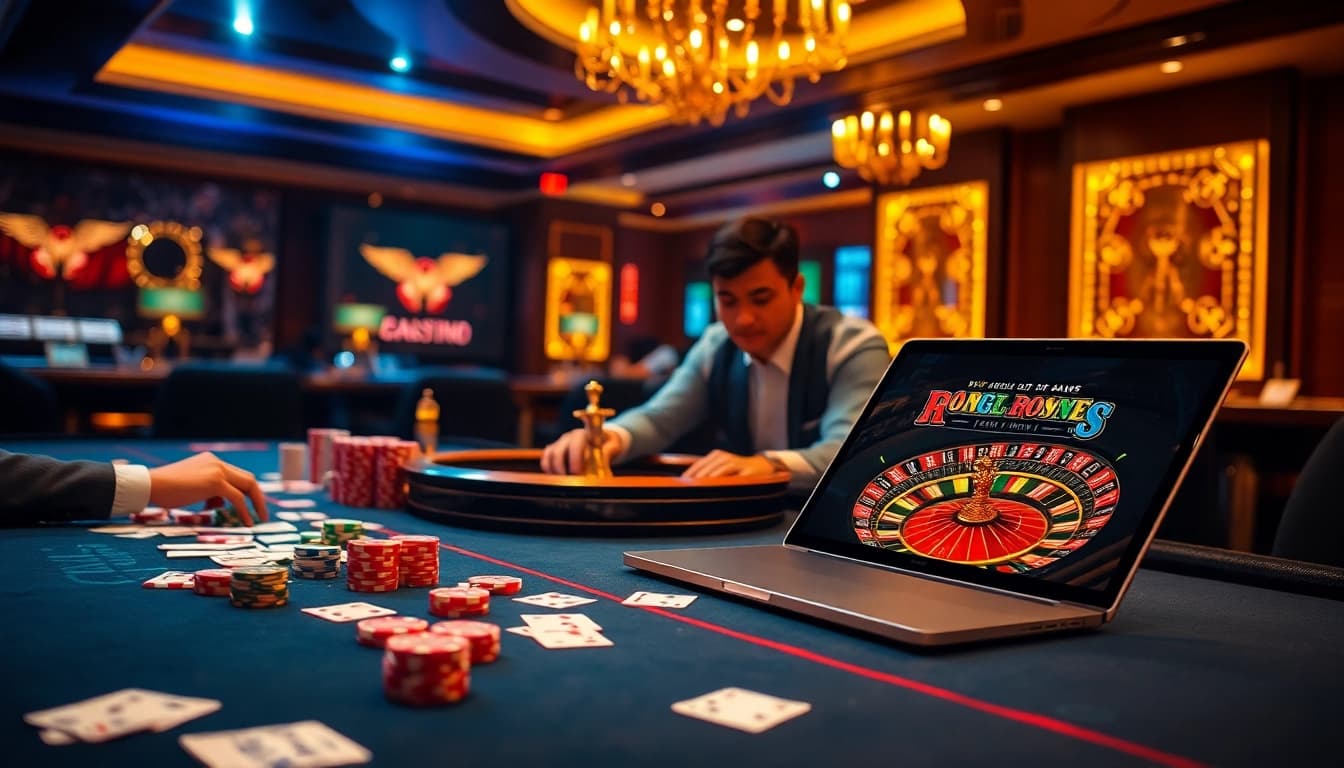 High-stakes gaming at nhà cái five88 with vibrant poker chips and cards on a luxurious table.