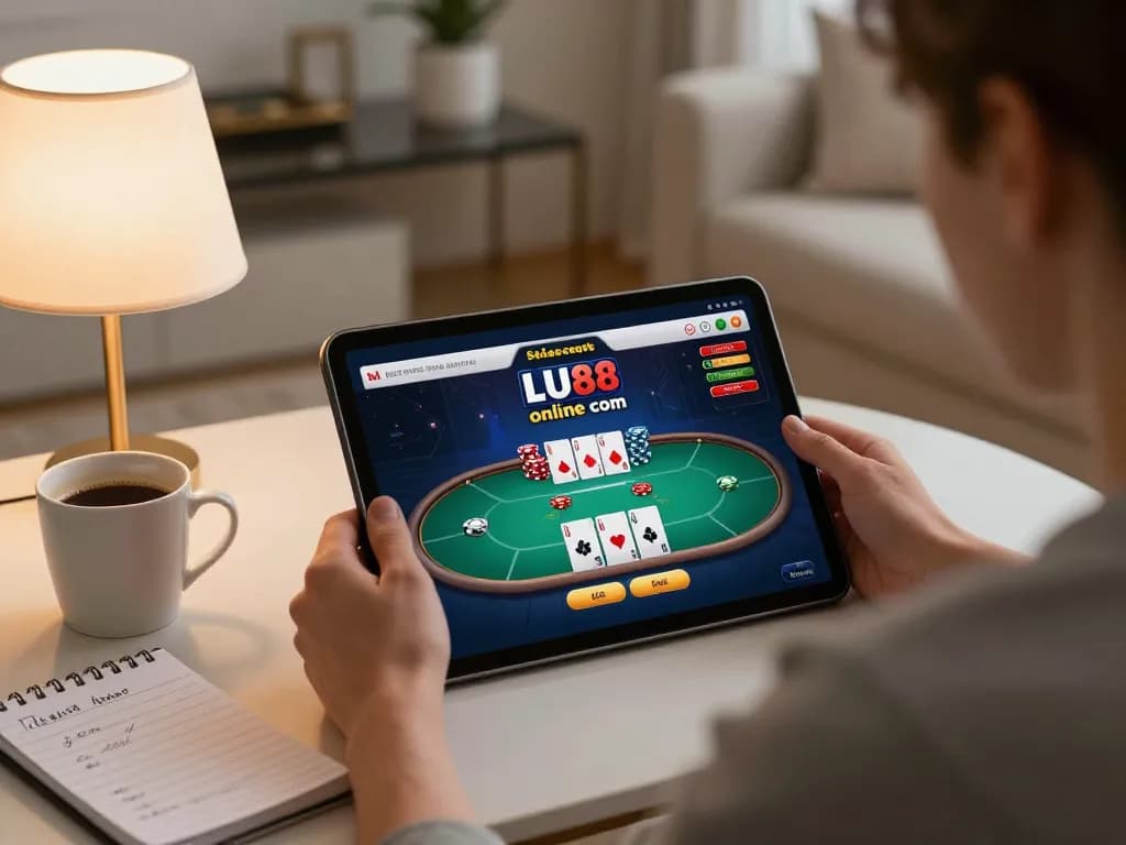 Engaging online gaming on LU88 com showing player focused on tablet with poker cards.