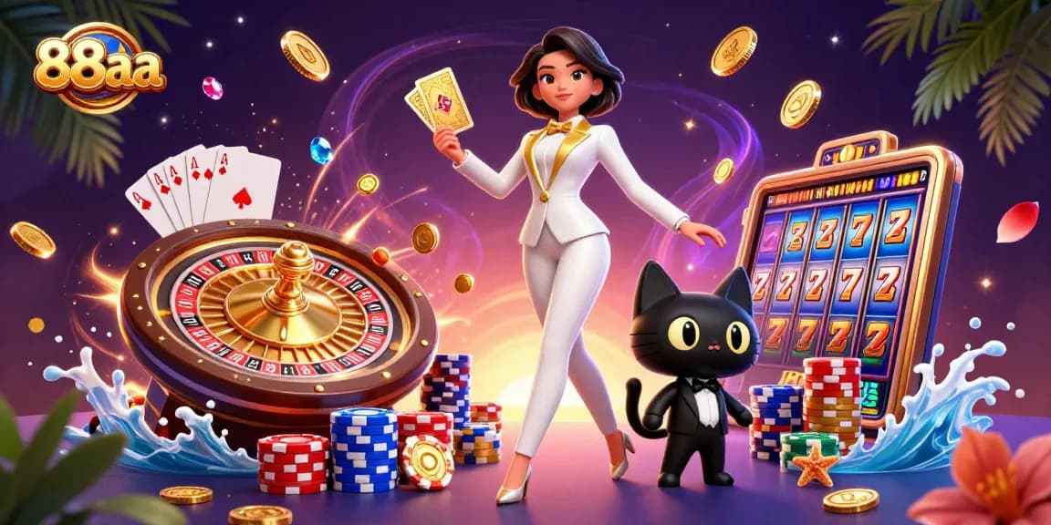 Engage with 88aa as a glamorous dealer shuffles cards, surrounded by wildlife and cascading coins.