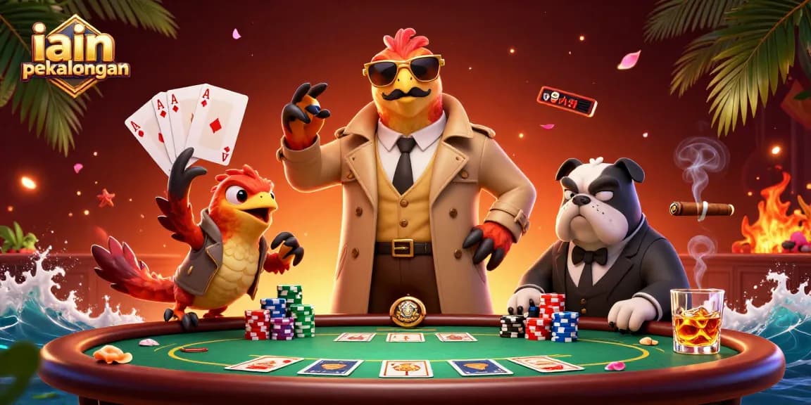 Engaging illustration of raptors in a trench coat attempting to enter the iain pekalongan VIP casino lounge.