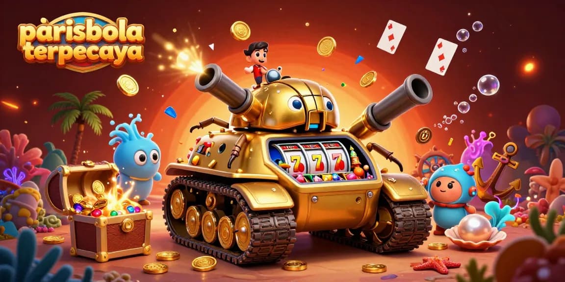 Experience the thrills of parisbola terpercaya with a vibrant 3D casino scene featuring a golden beetle tank and slot game elements.