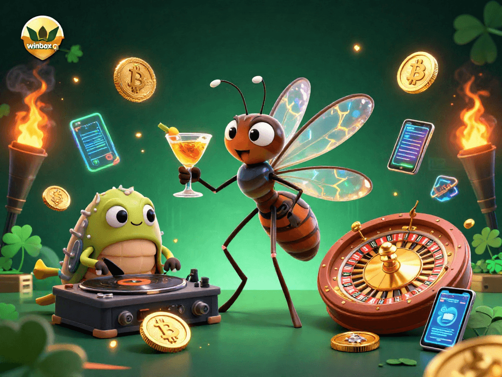 Engage with winbox qr in a vibrant 3D casino scene featuring a unique frozen-in-amber mosquito mascot.