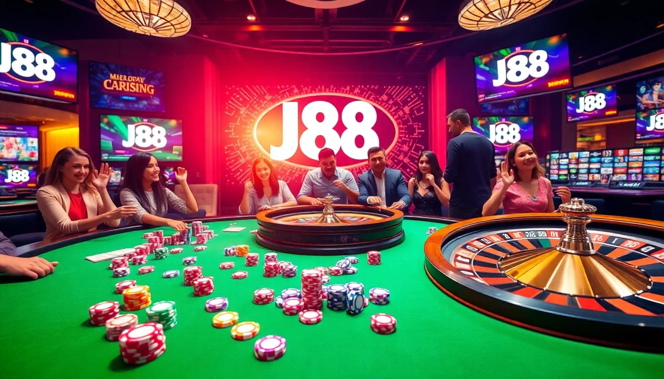 Players enjoying a thrilling game at J88 casino, surrounded by vibrant poker chips and roulette wheels.