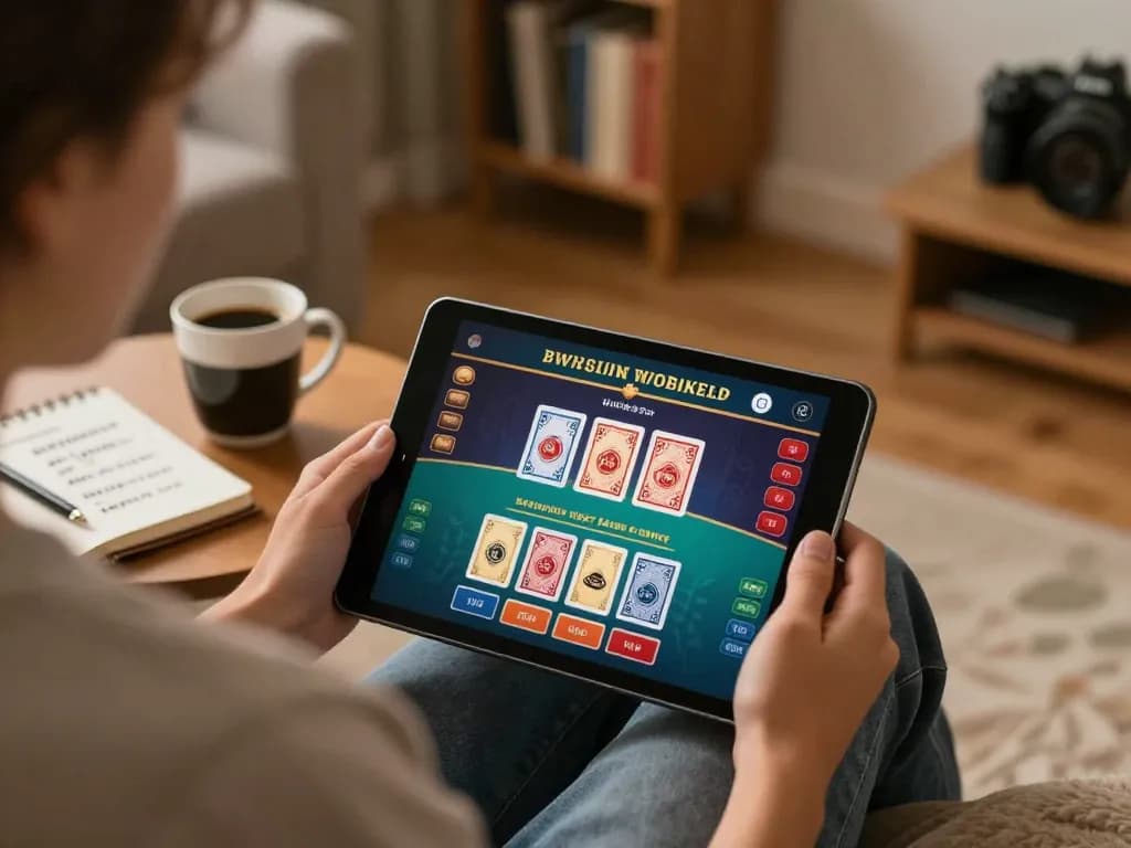 Pemain blackjack online yang menarik bersama thebigbearbutt di pengaturan rumah yang nyaman, menampilkan strategi taruhan dan kartu.