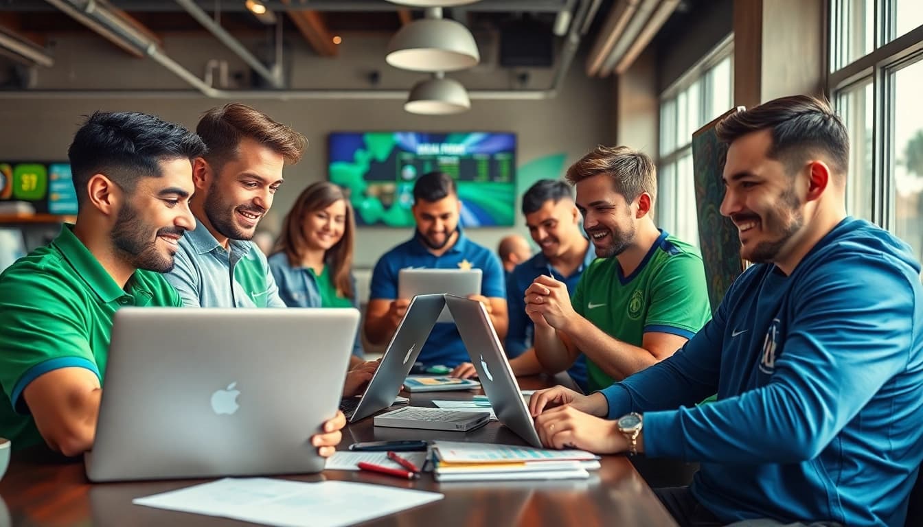 Engaging sportsbetting enthusiasts analyzing statistics in a vibrant sports lounge.