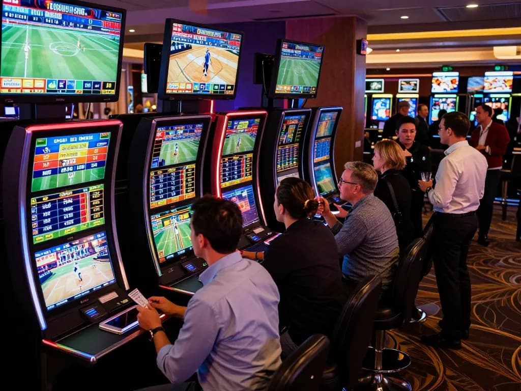 Engaging sports betting scene at a bustling casino showcasing MK8 gaming excitement