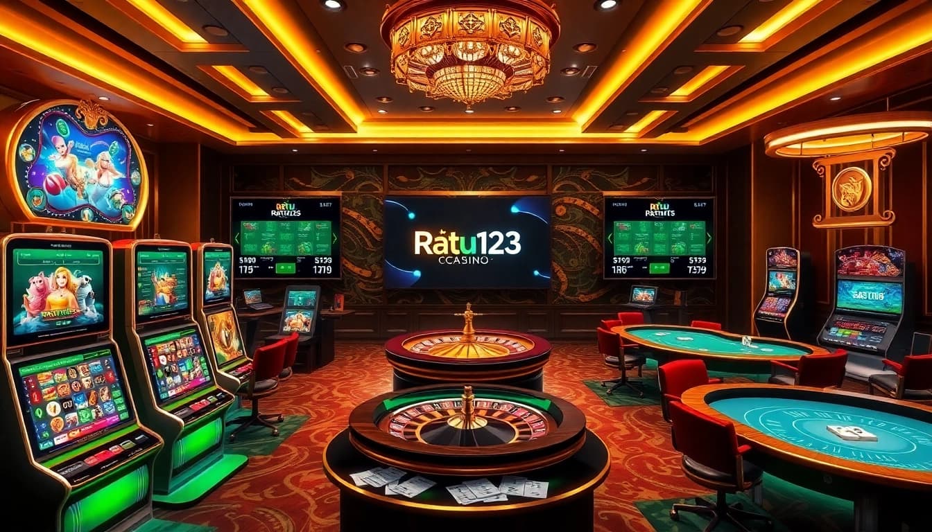 Pemain berinteraksi dengan permainan slot Ratu123 yang menarik dan fitur taruhan dalam suasana kasino online mewah.