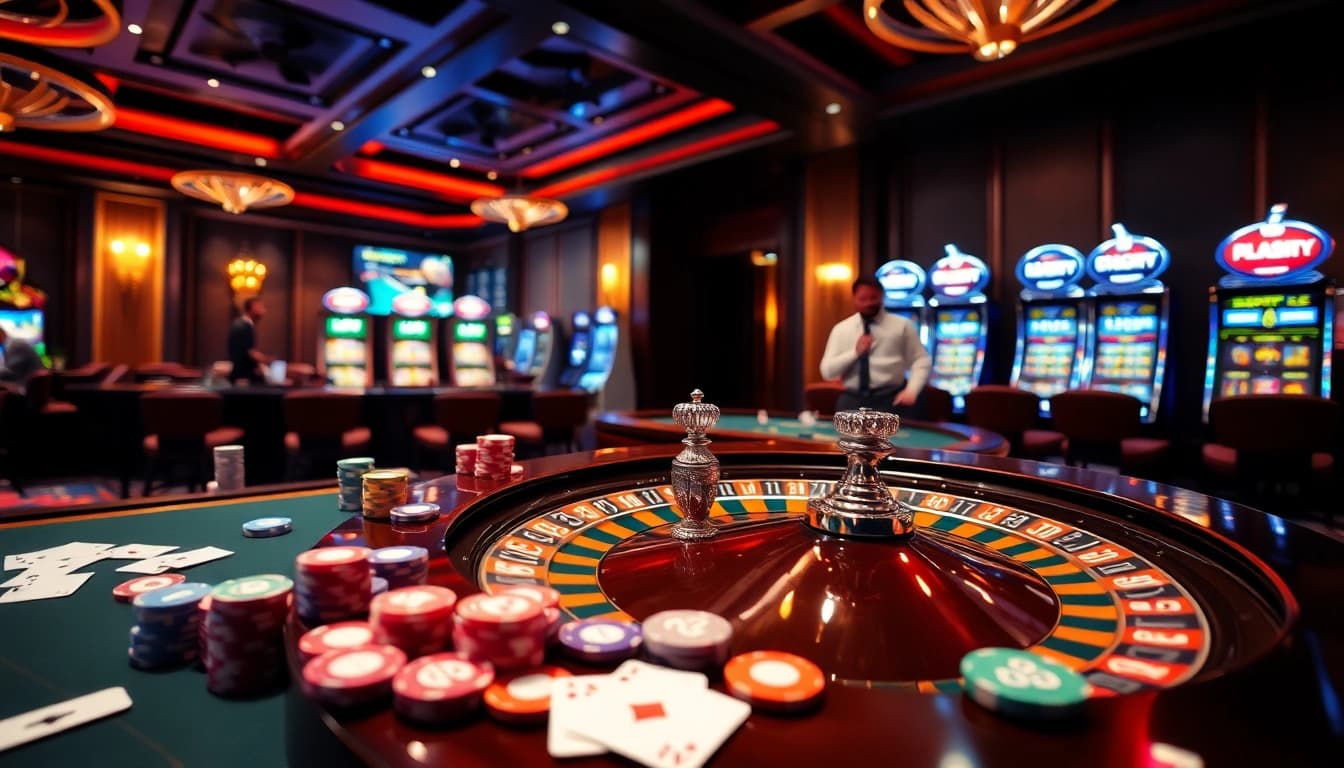 Engaging casino scene with roulette wheel, cards, and gambling action featuring https://kuwinblog.com/ for players.
