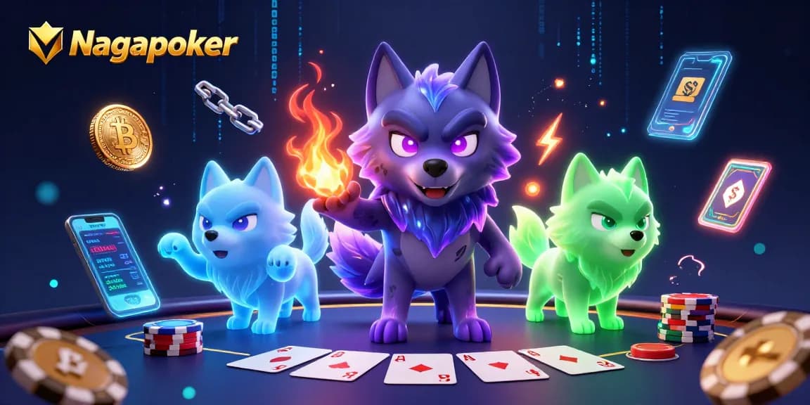 Nagapoker showcases a 3D wolf pack leader in a dynamic poker scene, emphasizing gaming excitement.