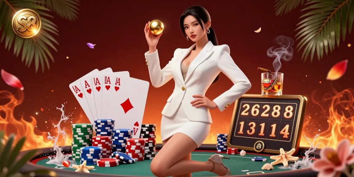 Engage in casino excitement with S8 as a stunning Asian woman strikes a confident pose holding a golden roulette ball.
