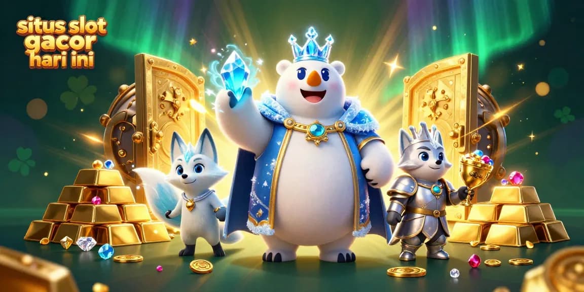 Engaging scene showcasing situs slot gacor hari ini with a snow fox and ice king polar bear amidst treasures.