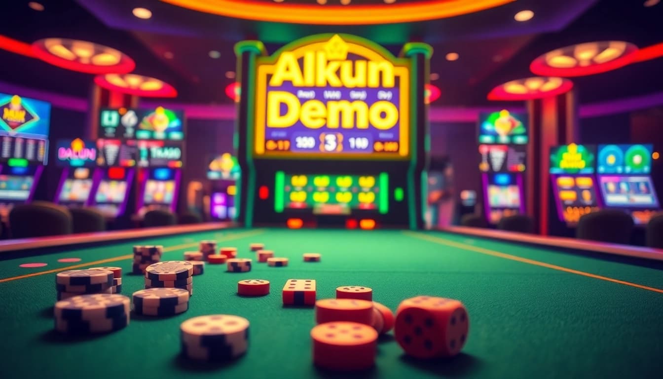 A vibrant online casino scene depicting an akun demo interface with poker chips and slot machines.