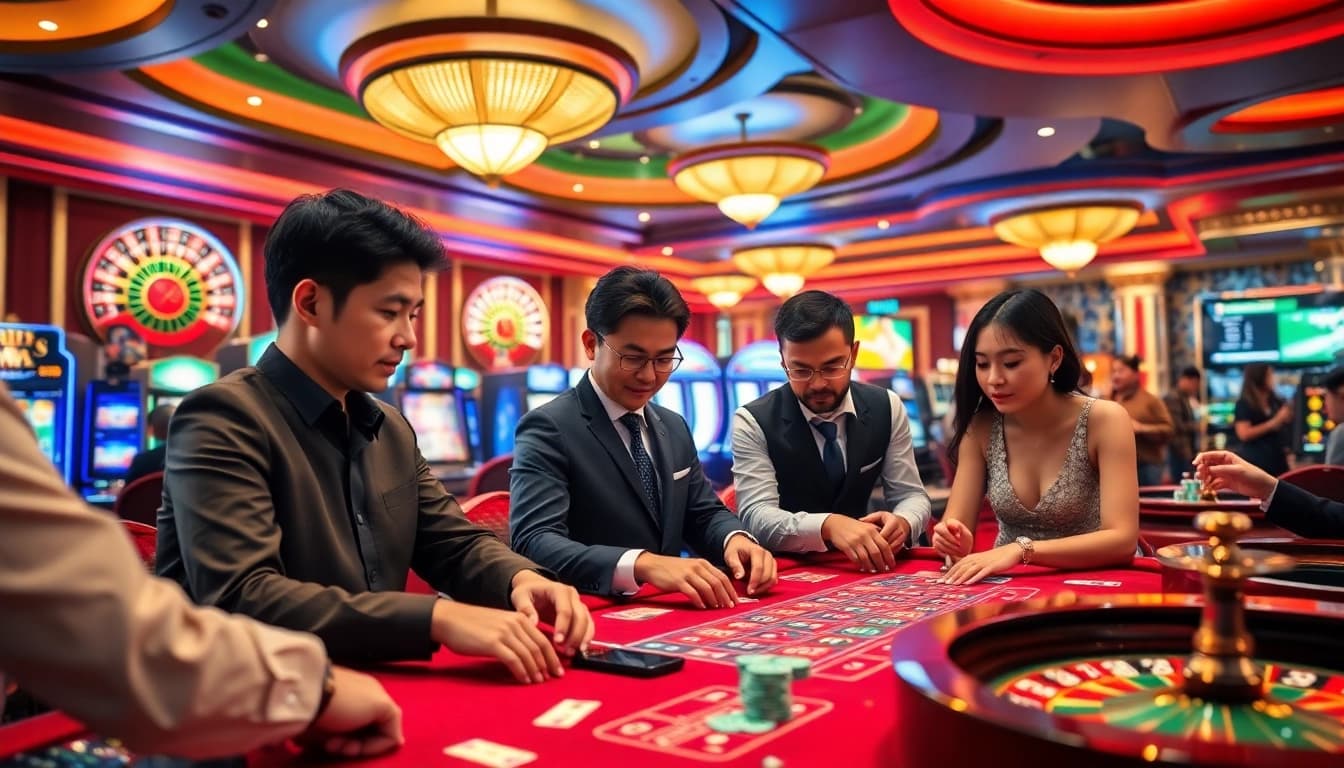 Engaging casino players analyze Data Macau results at a vibrant gaming table.