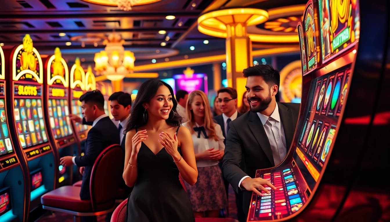 Pemain menikmati mesin slot88 di atmosfer kasino yang penuh warna dan penuh semangat.