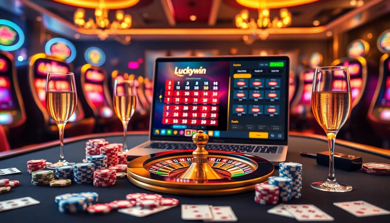 Playing poker chips at Luckywin online casino with luxurious winning atmosphere.